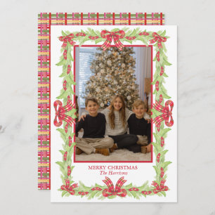 Watercolor Christmas Plaid Bow Garland Holiday Card