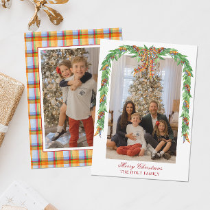 Watercolor Christmas Plaid Bow Garland Photo Holiday Card