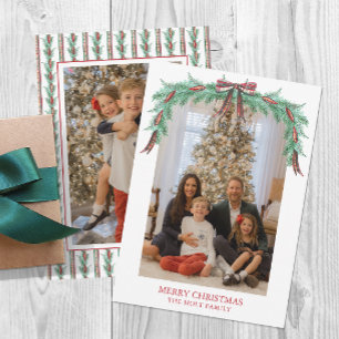Watercolor Christmas Plaid Bow Garland Photo Holiday Card