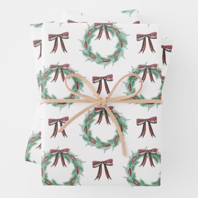 Watercolor Christmas Plaid Bow Garland Wrapping Paper Sheets (In situ)