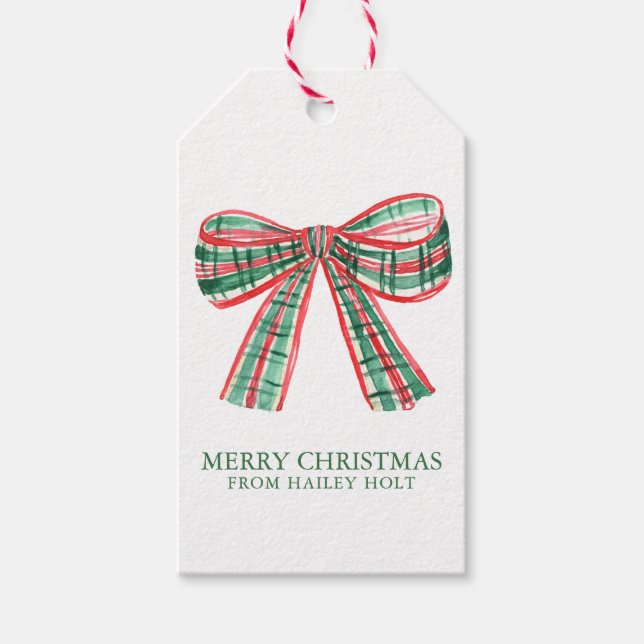 Watercolor Christmas Plaid Bow Gift Tags (Front)