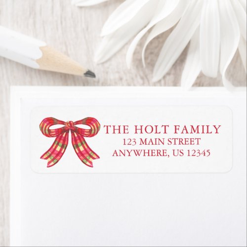 Watercolor Christmas Plaid Bow Return Address Label