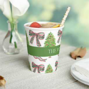 Watercolor Christmas Plaid Bow & Topiary Paper Cups