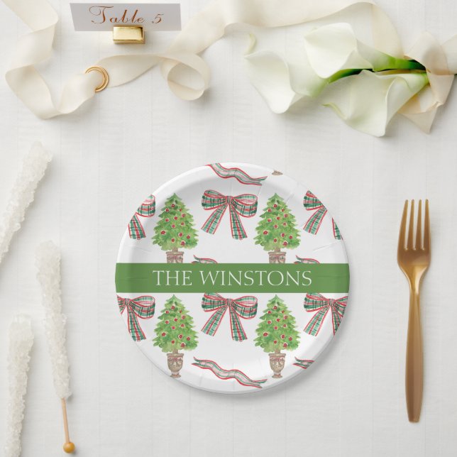 Watercolor Christmas Plaid Bow & Topiary Paper Plates (Wedding)