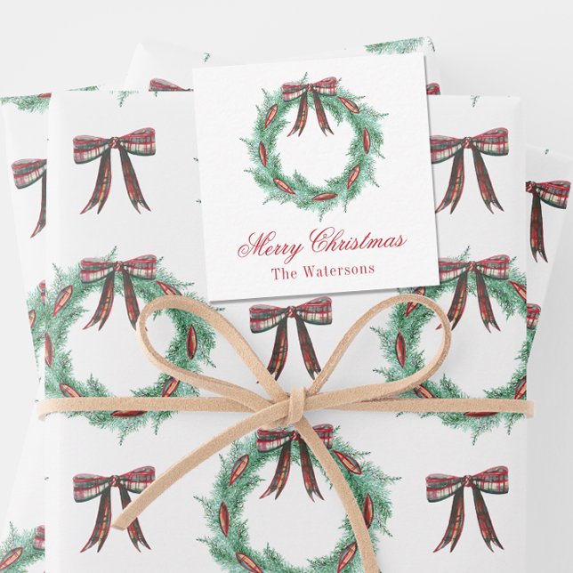 Watercolor Christmas Plaid Bow Wreath Enclosure Note Card (Creator Uploaded)
