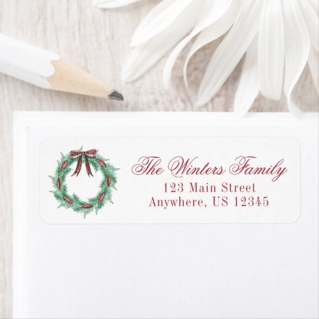 Watercolor Christmas Plaid Bow Wreath Label (Insitu)