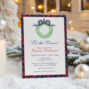 Watercolor Christmas Plaid Bow Wreath Party Invitation