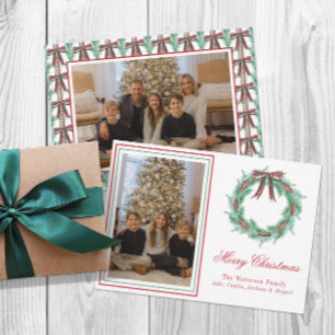 Watercolor Christmas Plaid Bow Wreath Photo Holiday Card