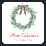 Watercolor Christmas Plaid Bow Wreath Square Sticker<br><div class="desc">PreppyPrint.com - Celebrate Christmas in style! Add your personalized touch. Transfer this design onto the products of your choice too! Please visit my designer store,  PreppyPrint.com,  for coordinating items.</div>