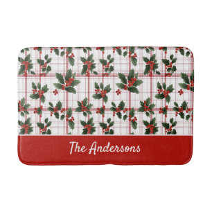 Watercolor Christmas Plaid Holly Berry Family Name Bath Mat