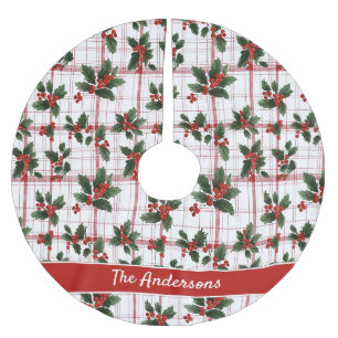 Watercolor Christmas Plaid Holly Berry Family Name Brushed Polyester Tree Skirt