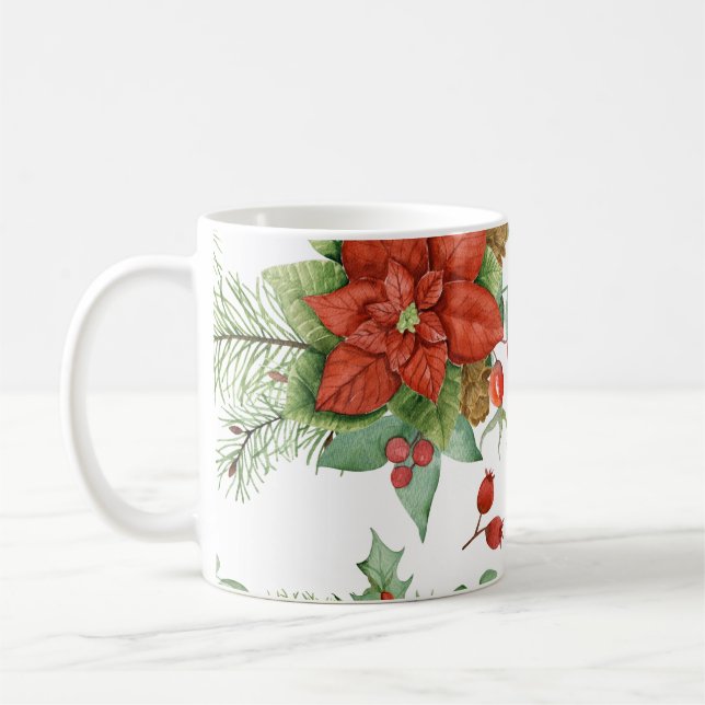 Watercolor Christmas Poinsettia and Red Cardinal  Coffee Mug (Left)