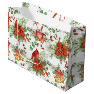 Watercolor Christmas Poinsettia and Red Cardinal Large Gift Bag
