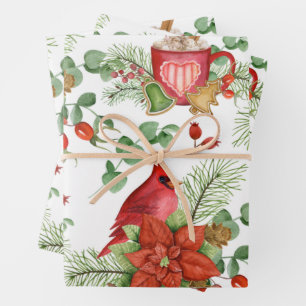 Watercolor Christmas Poinsettia and Red Cardinal Wrapping Paper Sheets
