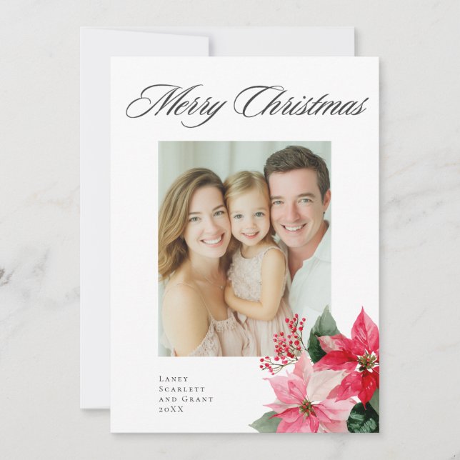 Watercolor Christmas Poinsettia Design Holiday Card (Front)