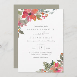 Watercolor Christmas Poinsettia Floral Wedding Invitation