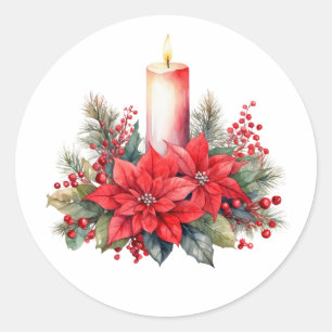 Watercolor Christmas Poinsettia Flowers, Berries Classic Round Sticker