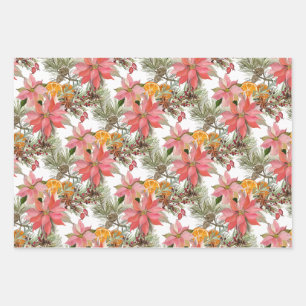 Watercolor Christmas Poinsettia Flowers & Orange Wrapping Paper Sheets