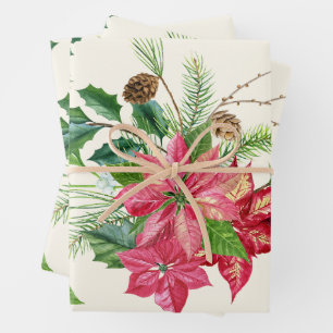 Watercolor Christmas Poinsettia Flowers Wrapping Paper Sheets