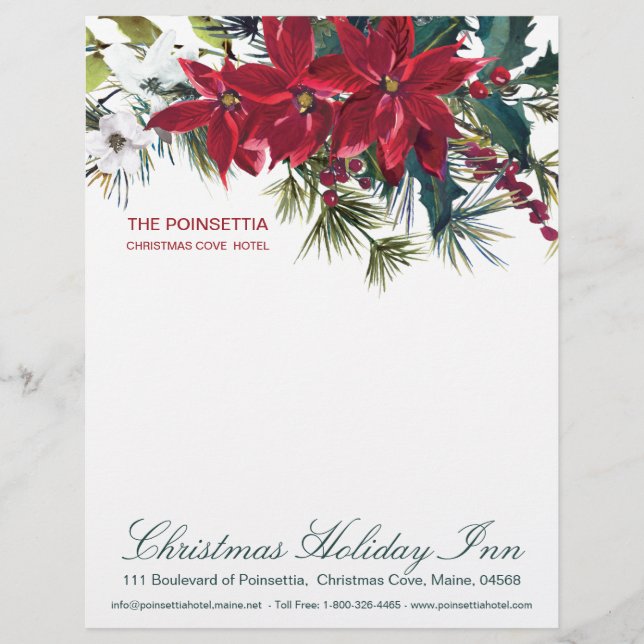 Watercolor Christmas Poinsettia & Holly, pine Letterhead (Front)
