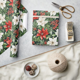 Watercolor Christmas Poinsettias and Berries Wrapping Paper