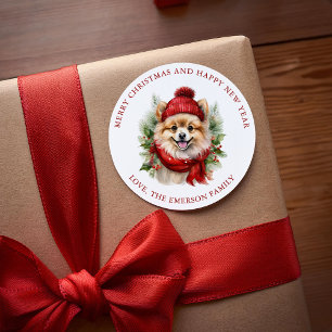 Watercolor Christmas Pomeranian Dog Classic Round Sticker