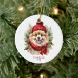 Watercolor Christmas Pomeranian Dog Photo Ceramic Ornament<br><div class="desc">Sweet watercolor style illustration of an adorable pomeranian dog wearing a red scarf and hat on a background of christmas greenery. Personalize back side with your pet's photo.</div>