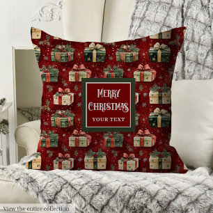 Watercolor Christmas presents red green festive Throw Pillow