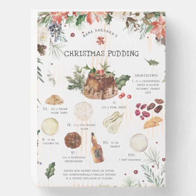 Watercolor Christmas Pudding Recipe | Holiday Wooden Box Sign (Front Vertical)