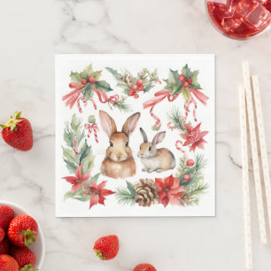 Watercolor Christmas Rabbits Red Gold Floral Napkins