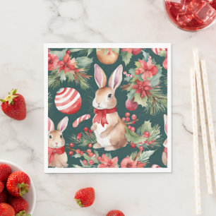 Watercolor Christmas Rabbits Red Gold Floral Napkins