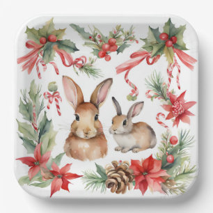 Watercolor Christmas Rabbits Red Gold Floral Paper Plates
