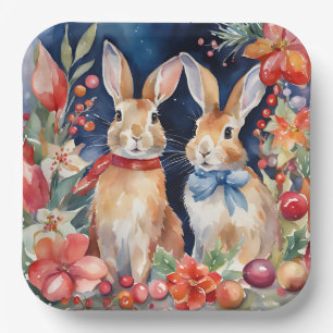 Watercolor Christmas Rabbits Red Gold Floral Paper Plates