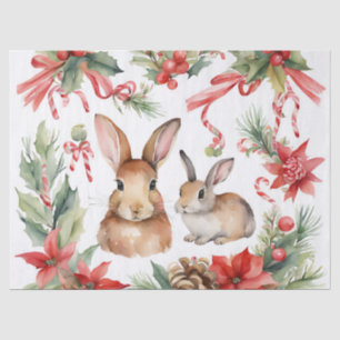 Watercolor Christmas Rabbits Red Gold Floral  Tissue Paper