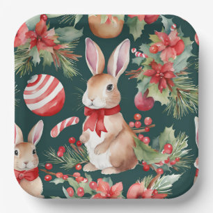 Watercolor Christmas Rabbits Red Green Floral Paper Plates