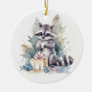 Watercolor Christmas Raccoon Ceramic Ornament