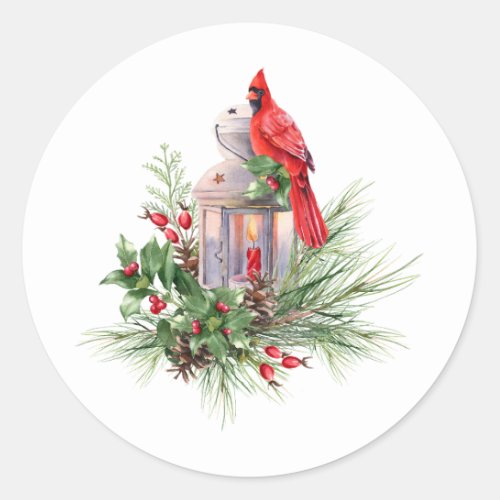 Watercolor Christmas Red Cardinal and Berries  Classic Round Sticker