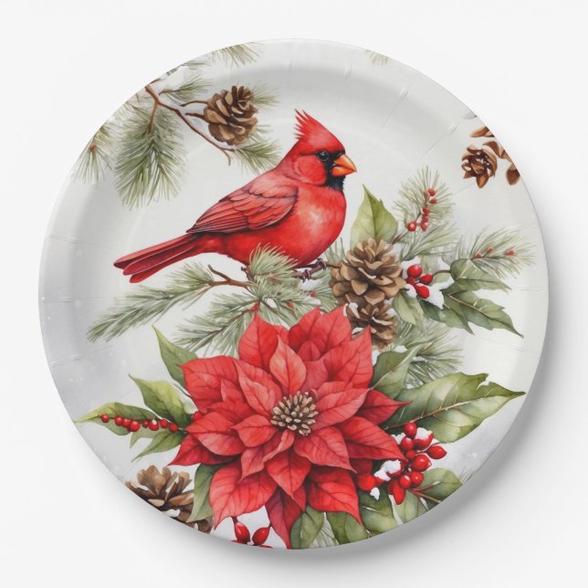 Watercolor Christmas Red Cardinal and Poinsettia Paper Plates (Front)