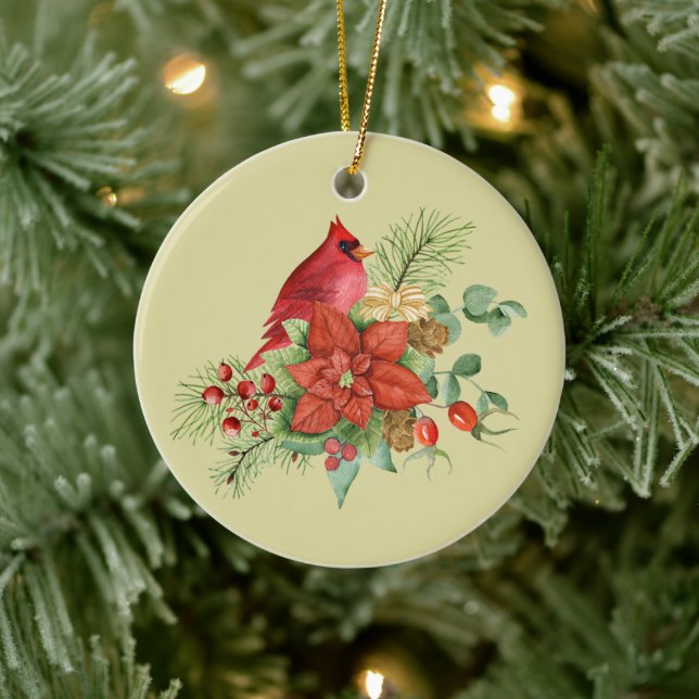Watercolor Christmas Red Cardinal  Ceramic Ornament (Tree)