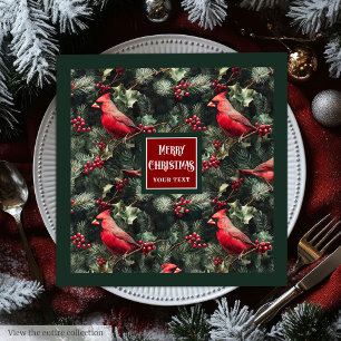 Watercolor Christmas red cardinal deep green Paper Dinner Napkins