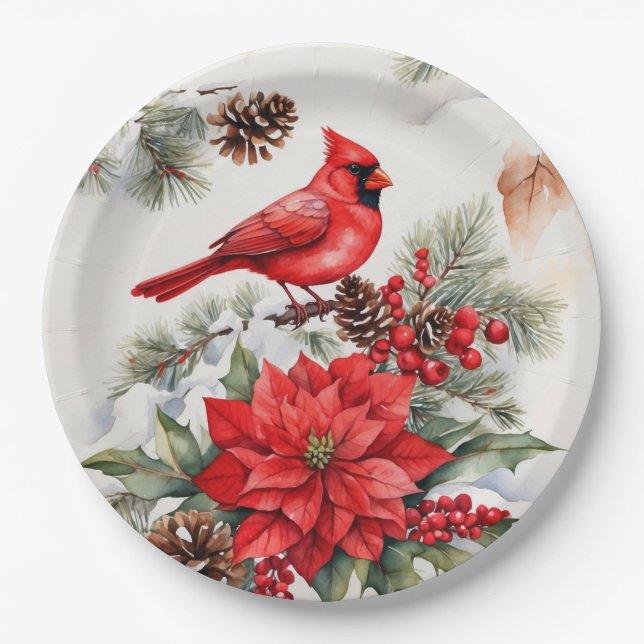 Watercolor Christmas Red Cardinal, Poinsettia Paper Plates (Front)