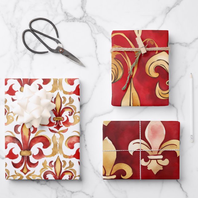 Watercolor Christmas Red Gold Floral  Wrapping Paper Sheets (Front)