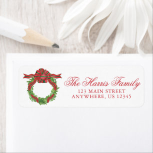 Watercolor Christmas Red & Green Bow Wreath Label