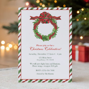 Watercolor Christmas Red & Green Bow Wreath Party Invitation