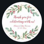 Watercolor Christmas red hollies gold green shower Classic Round Sticker<br><div class="desc">For more advanced customization of this design,  simply select the "Customize It" button above!</div>