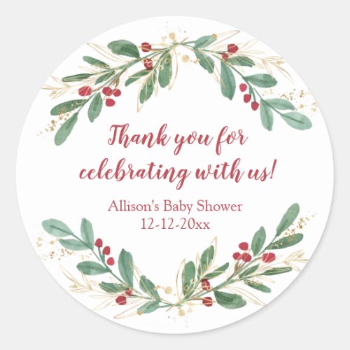 Watercolor Christmas red hollies gold green shower Classic Round Sticker