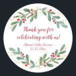 Watercolor Christmas red hollies gold green shower Classic Round Sticker<br><div class="desc">For more advanced customization of this design,  simply select the "Customize It" button above!</div>