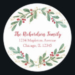Watercolor Christmas red hollies return address Classic Round Sticker<br><div class="desc">For more advanced customization of this design,  simply select the "Customize It" button above!</div>