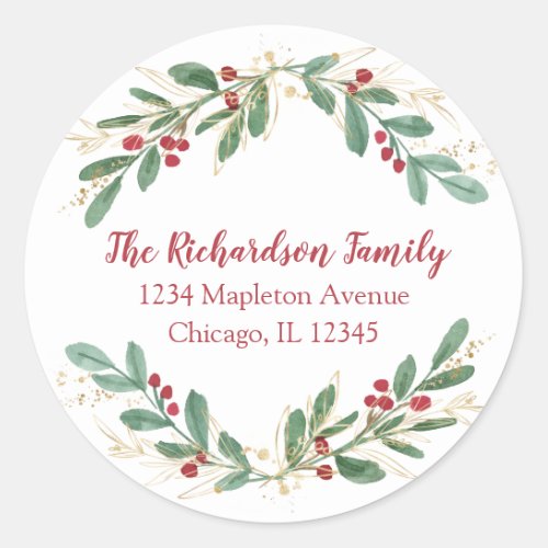 Watercolor Christmas red hollies return address Classic Round Sticker