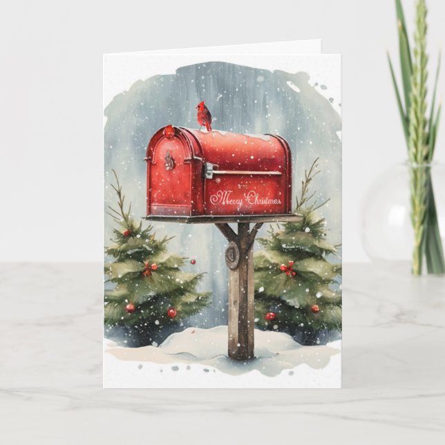 Watercolor Christmas Red Mailbox in Snowflakes Card (Front)
